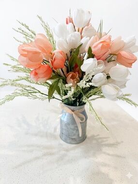 Peach & White Tulip Arrangement in Metal Pitcher